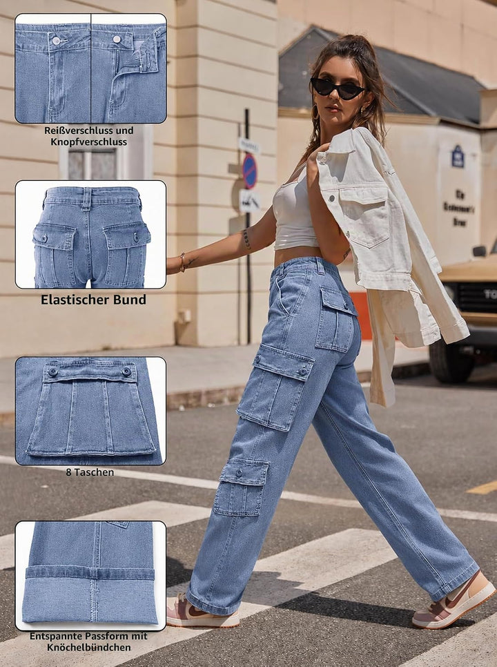 Cargohose Damen Baggy Y2K Multi Taschen High Waist Stretch Wanderhose Sport Jogginghose mit Elastisc