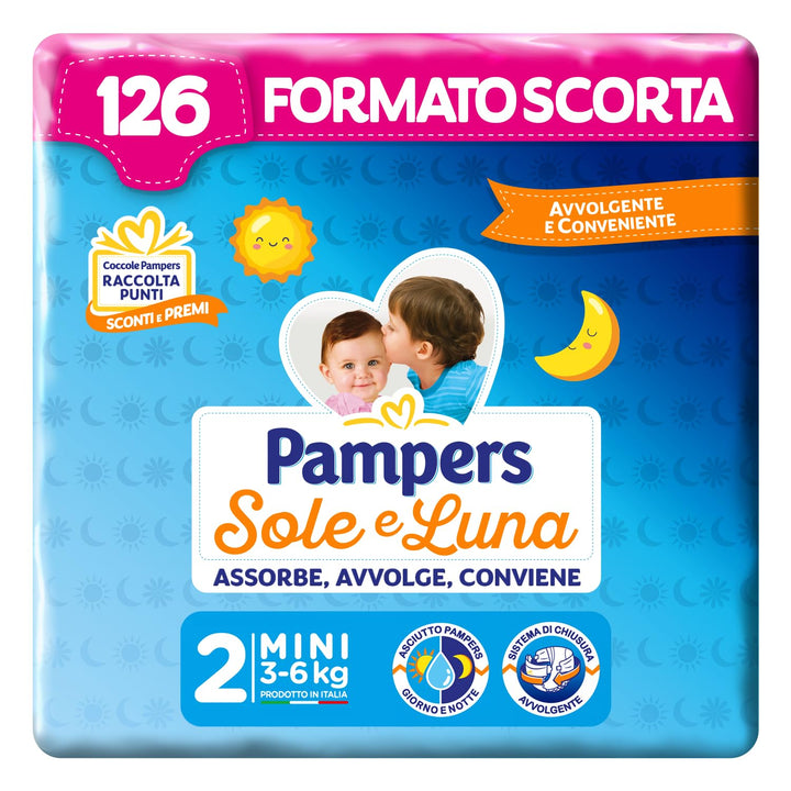 Pampers Sonne und Mond Mini, 126 Windeln, Grösse 2 (3-6 kg) Taglia 2 (Confezione da 126), Taglia 2 (