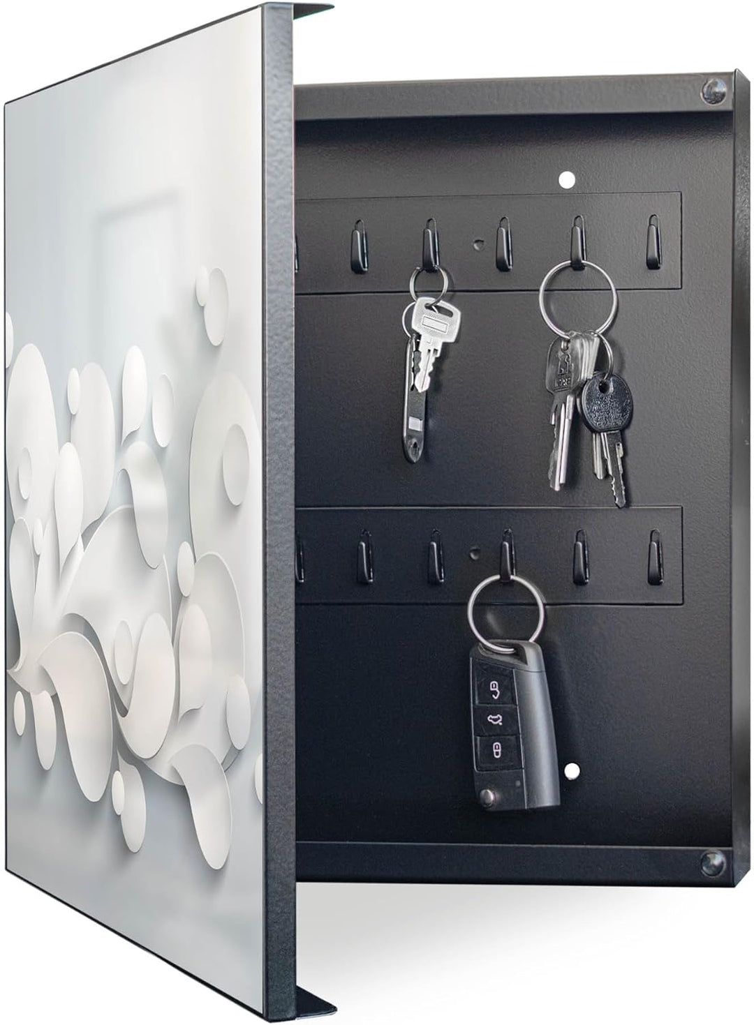 banjado® Grosser Schlüsselkasten aus Glas - Schlüsselbox 30cm x 30cm mit 50 Haken - Motiv Papiertrop
