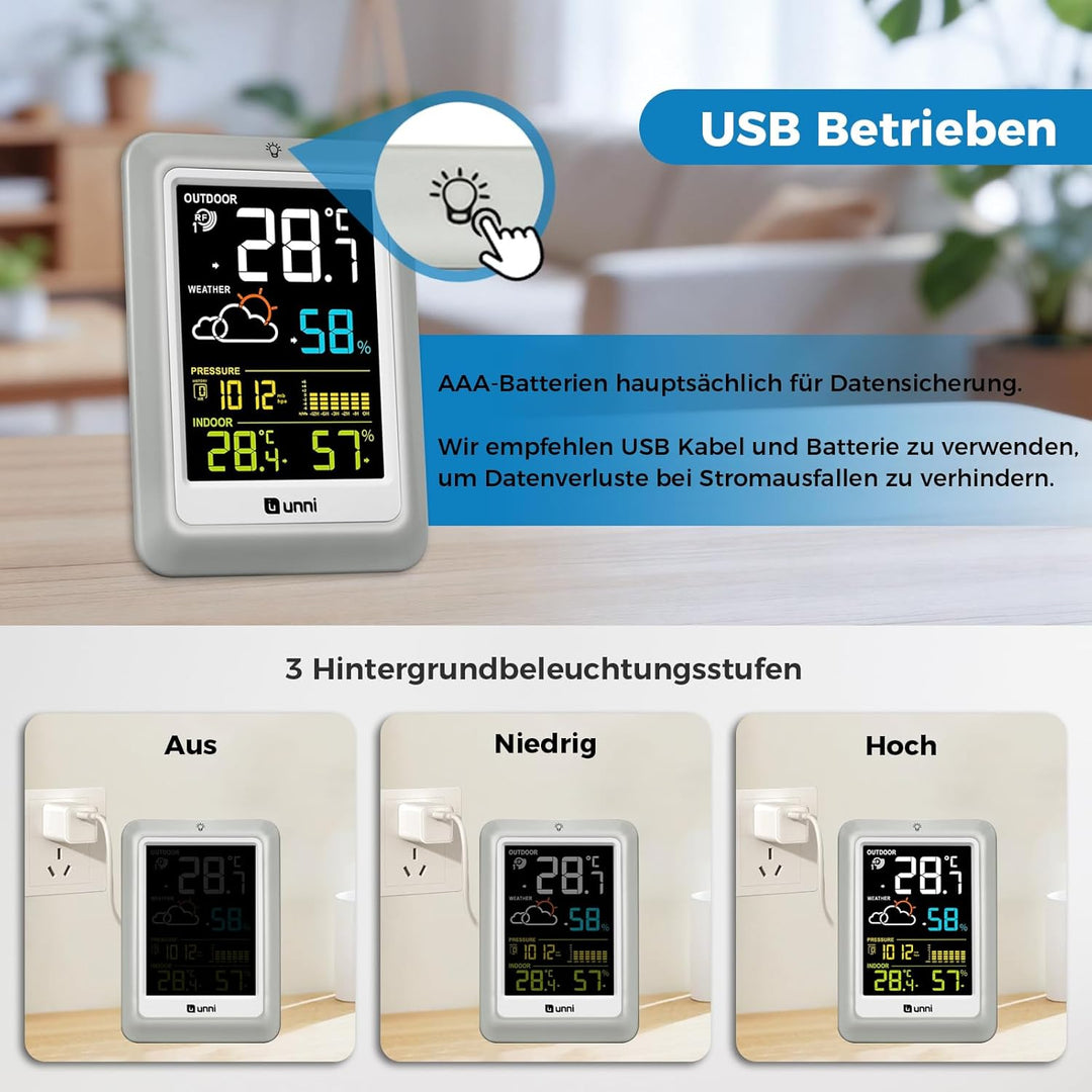 U UNNI Funk Wetterstation mit Aussensensor Batterien oder USB betrieben, Wettervorhersage Funkwetter