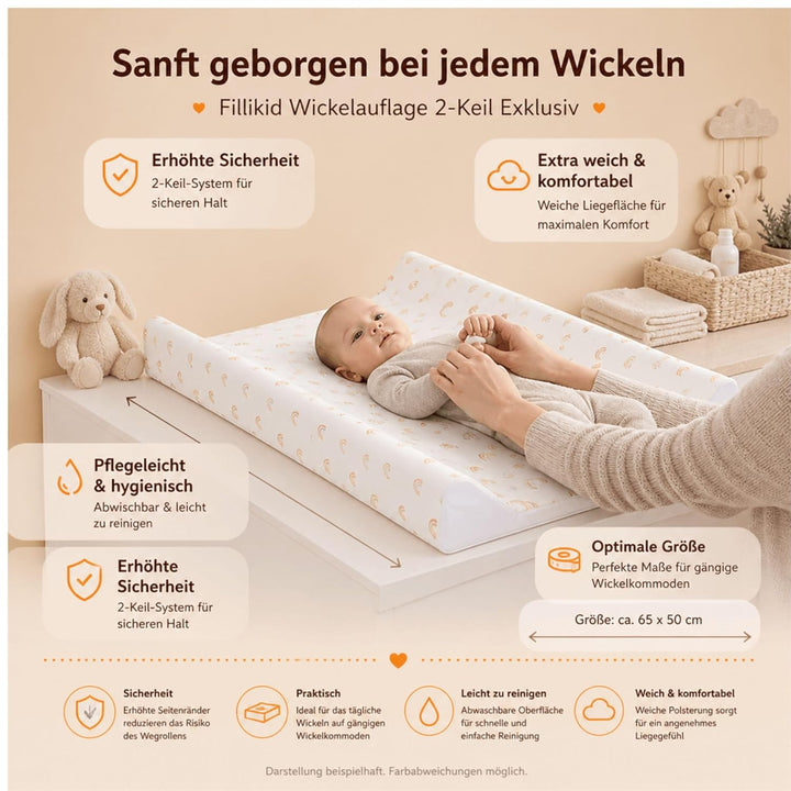 Fillikid Wickelauflage 2-Keil Exclusiv/Wickelmulde 50x65 cm/Wickelunterlage mit abwaschbarer Folienb