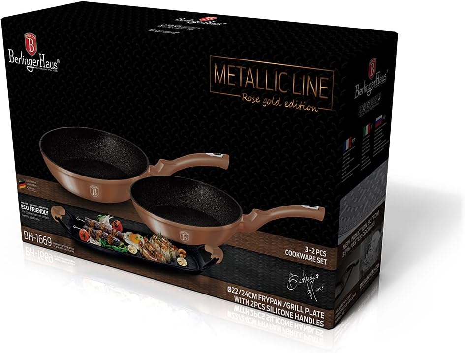 Berlinger Haus Rose Gold Set Bratpfannen Induktion 22-26cm, 1 Grillplatte 36x23cm Aluminium, Antihaf