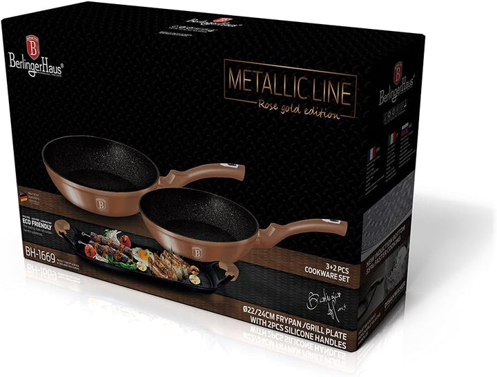 Berlinger Haus Rose Gold Set Bratpfannen Induktion 22-26cm, 1 Grillplatte 36x23cm Aluminium, Antihaf