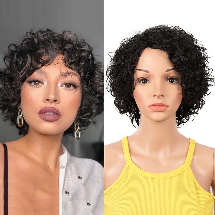 DÉBUT Kurze Bob Perücke mit Air Bangs Kurze lockige gewellte Echthaar Bob Perücke für Damen 25 cm 12