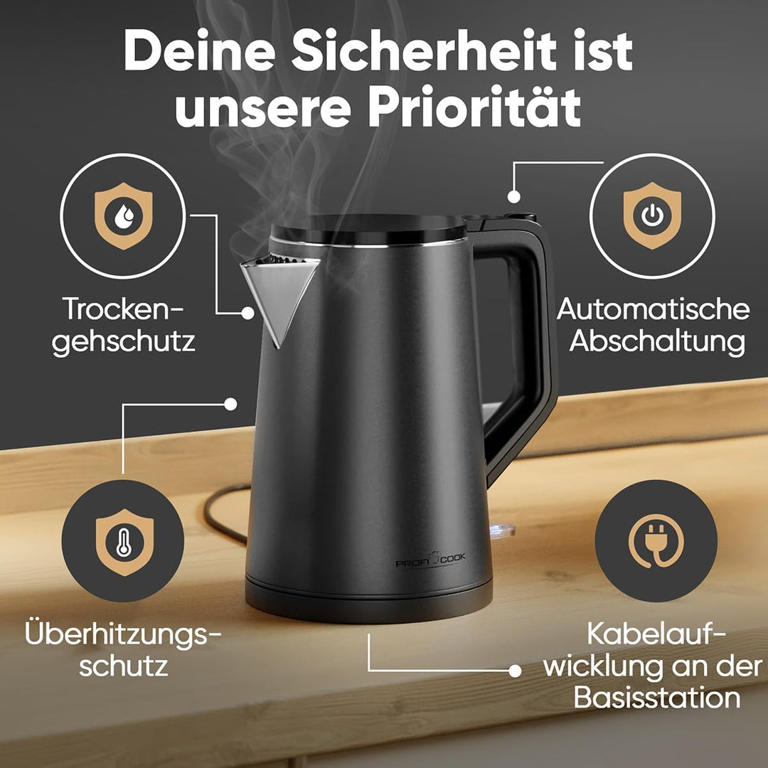 ProfiCook® Wasserkocher 1,5 Liter | 2200W | doppelwandiges Thermogehäuse | Einhandbedienung | Statio