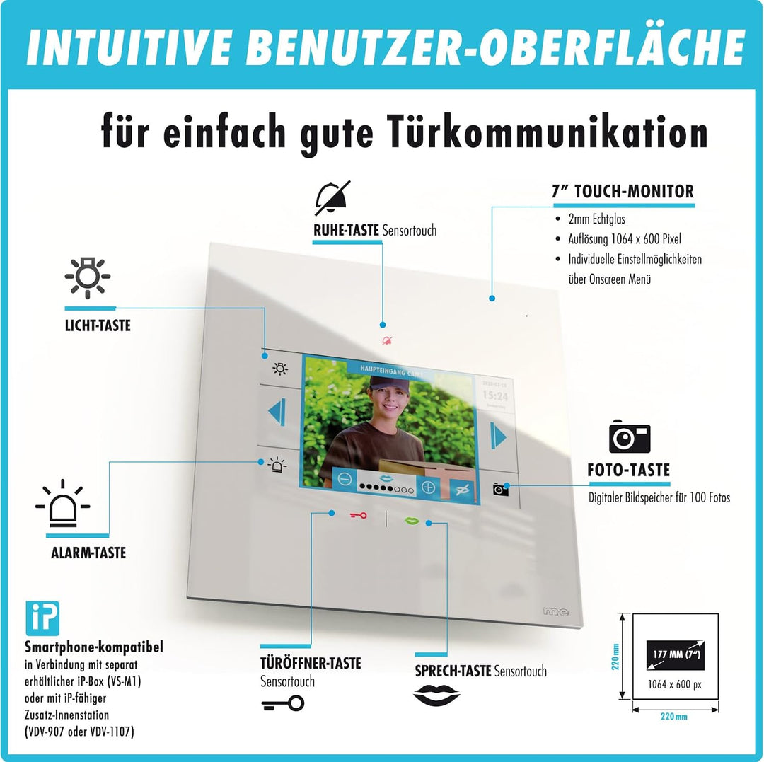 m-e Video-Türsprechanlage RFID silber/weiss | Aluminium Aussenstation für 2-Familienhaus | 7“ Design