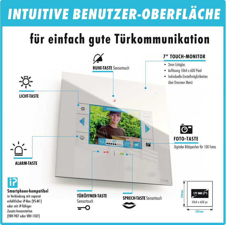 m-e Video-Türsprechanlage RFID silber/weiss | Aluminium Aussenstation für 2-Familienhaus | 7“ Design