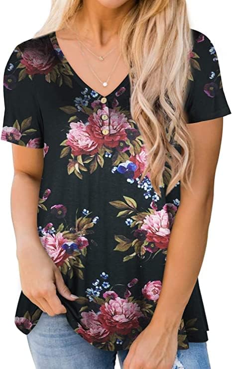 Ranphee Damen Tunika Kurze Ärmel Locker Blusen Sitzende Oberteile Tuniken Casual Tops XL Schwarze Pf