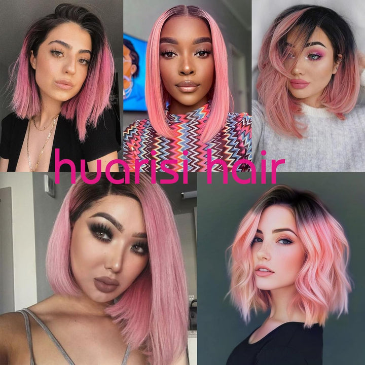 Huarisi 1b and Pink Short Bob Wigs Human Hair U Part None Lace 12 inch 10a Straight Remy Bob Ombre P