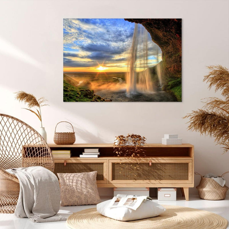 Bilder auf Leinwand 100x70cm Leinwandbild Wasserfall Natur Park Sonne Gross Wanddeko Bild Schlafzimm