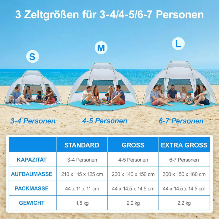Wolfwise Strandmuschel mit UV-Schutz 50+, 2-3 Personen Strandzelt, Sonnenschutz und Windschutz mit e