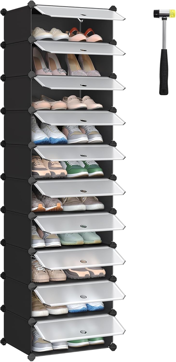 SONGMICS Schuhregal mit 10 Ebenen, Steckregal, Regalsystem, Schuh-Organizer, DIY-Regal, mit Tür, aus