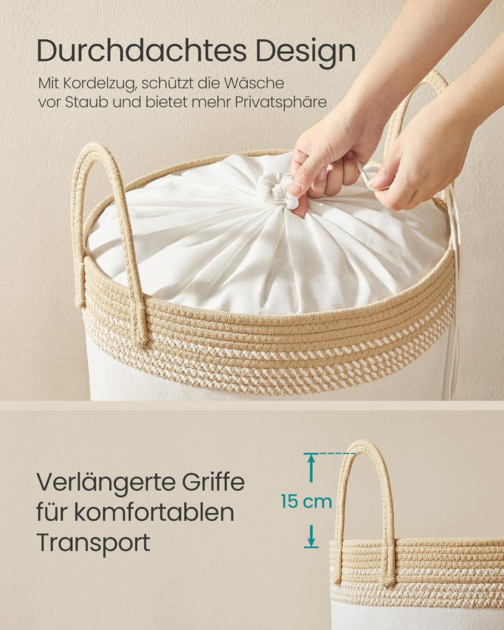 SONGMICS Wäschekorb Baumwollseil Aufbewahrungskorb mit Henkel | Wäschesammler, für Decken, 60 L, wol