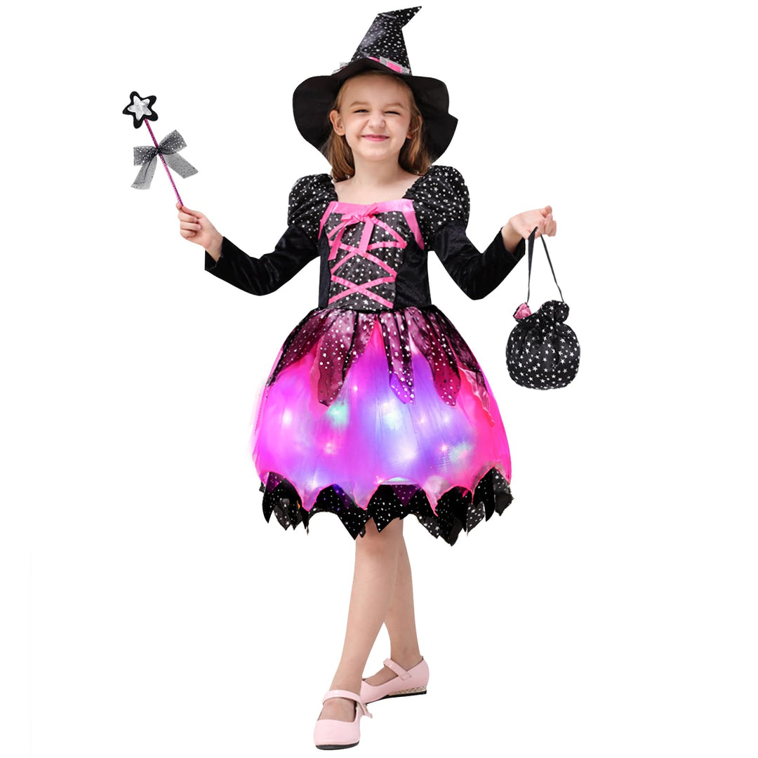 FORMIZON Mädchen Hexen Kostüm, LED Hexenkleid Kinder, Hexenkostüm mit Lichter, Kinder Zauberer verkl