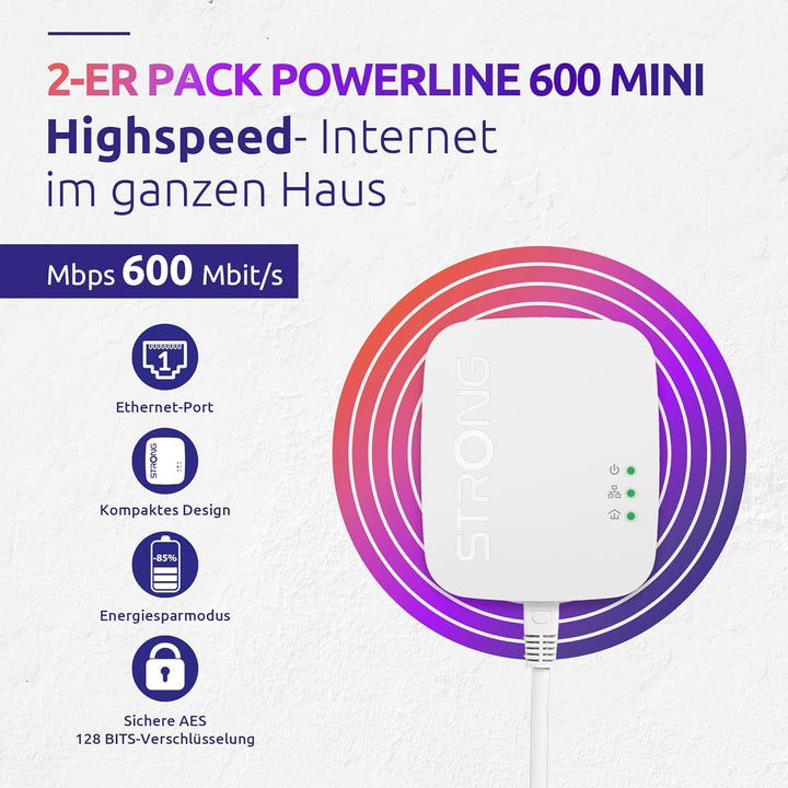 STRONG Powerline 600 KIT Mini mit 600 Mbits/s, Reichweite von 300m, 1x LAN Anschluss PowerLAN-Adapte