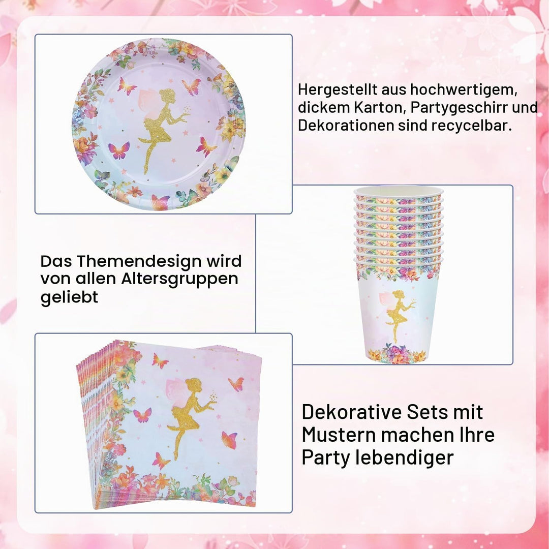 FAELNK 101 Stück Fee Partygeschirr Kindergeburtstag Set Schmetterling &amp; Fee Partygeschirr Set Feen G