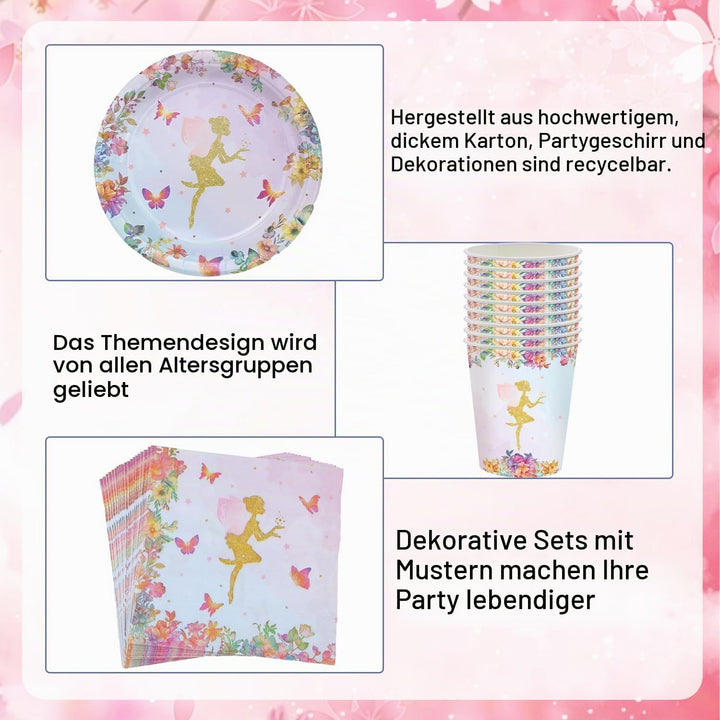 FAELNK 101 Stück Fee Partygeschirr Kindergeburtstag Set Schmetterling &amp; Fee Partygeschirr Set Feen G