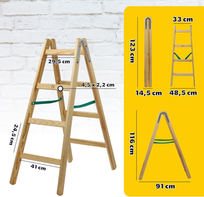 KADAX Holzleiter, Bockleiter bis 150 kg, klappbare Malerleiter, Doppelstufenleiter mit Stahlhaken, E