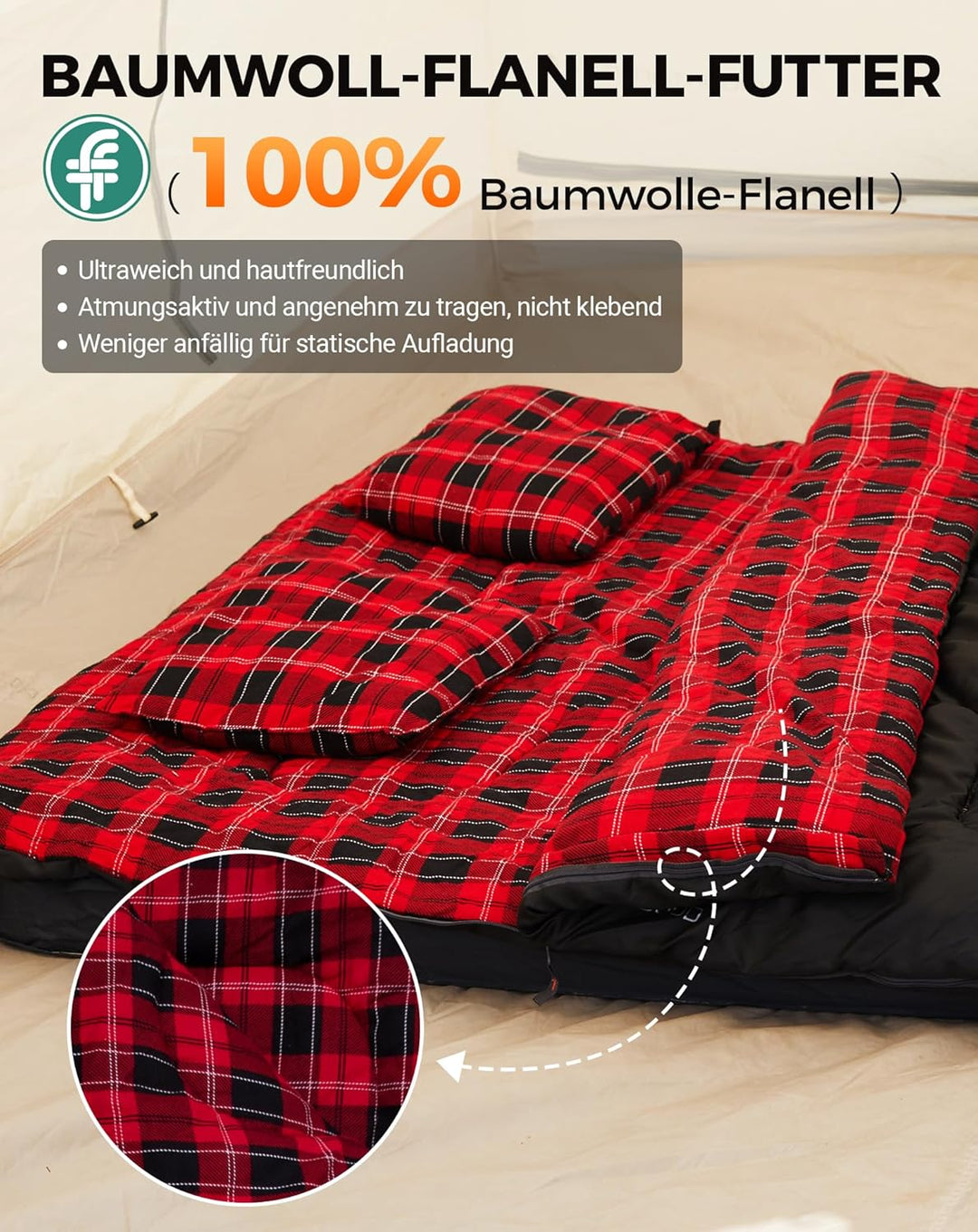 KingCamp Doppelschlafsack Baumwolle Flanell Winter Schlafsack 2 Personen Warmer Deckenschlafsack 3-4