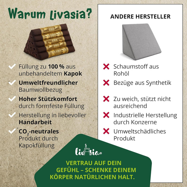 livasia Rückenstützkissen extrahoch mit Thaiseide - 38x55x35cm - Dreieckskissen für Garten/Balkon, K