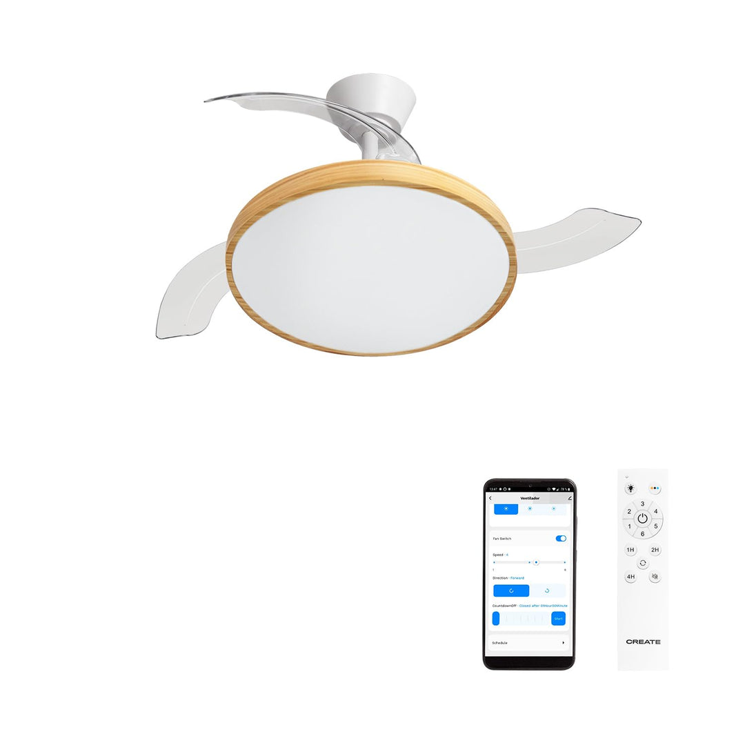 CREATE / WIND CLEAR STUDIO M/Deckenventilator mit Beleuchtung Weiss Hellesholzflügel mit WLAN und Fe