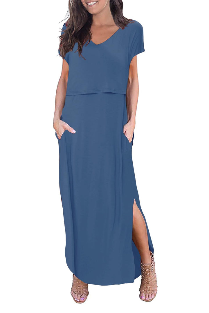 Smallshow Damen Lang Split Stillkleid Kurzarm Umstandskleid Sommer L Grau Blau, L Grau Blau
