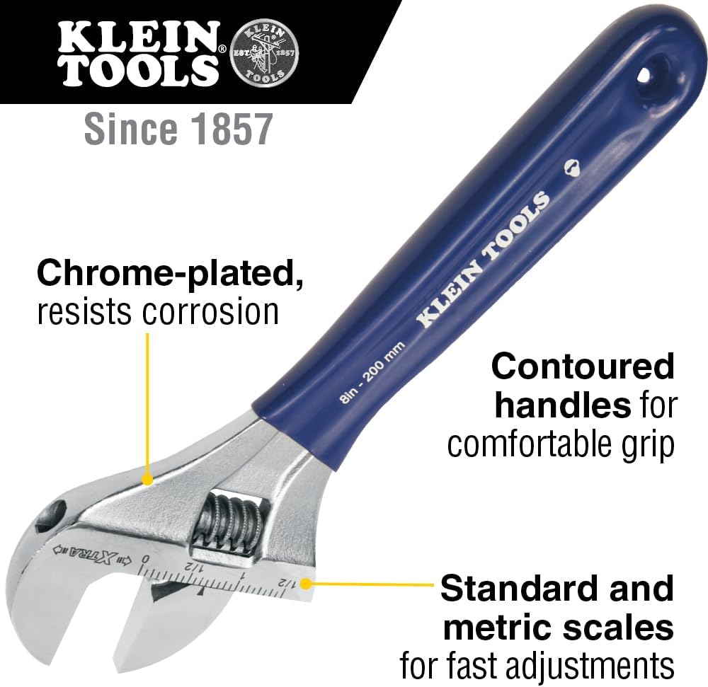 Klein Tools D509–8 Verstellbarer Schraubenschlüssel 20,3 cm mit extrabreiten Kiefer