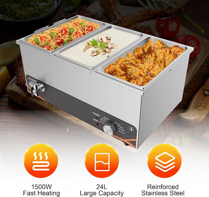 DULNICE Bain Marie Speisewärmer Elektrische Edelstahl 1500W 3 GN-Behältern Wasserbad mit Ablaufhahn,