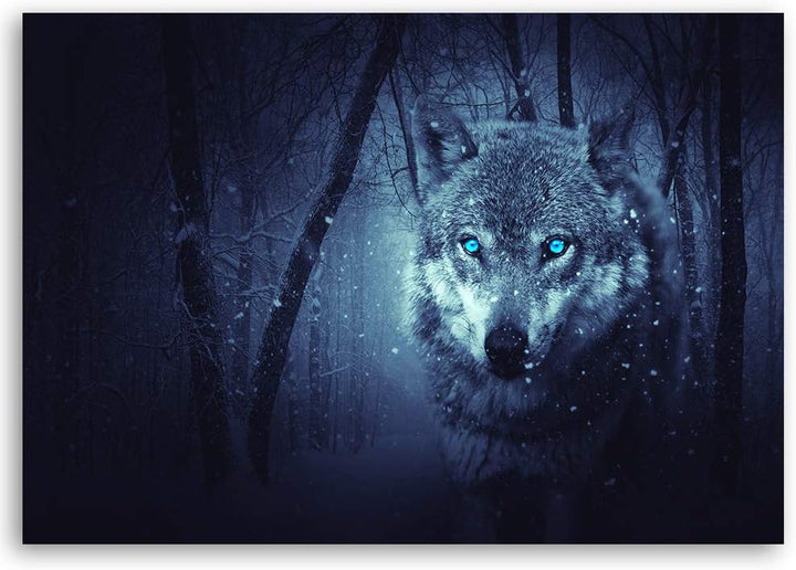 Feeby Wandbild Wald Druckbild Leinwandbild Wolf Blau 100x70 cm Leinwandbild 100x70 cm Blau_b, Leinwa