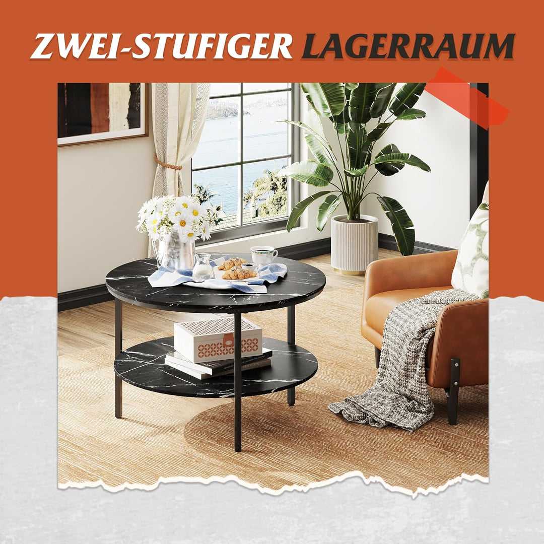 WLIVE Couchtisch Rund, Wohnzimmertisch Holz mit 2 Ebenen, Sofatisch mit viel Stauraum, für Wohnzimme