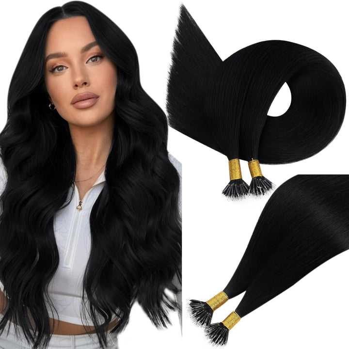 Easyouth Haarverlangerungen Nano Tip Human Hair Farbe Pechschwarz 50 Stück 50g 20 Zoll Echthaar Nano