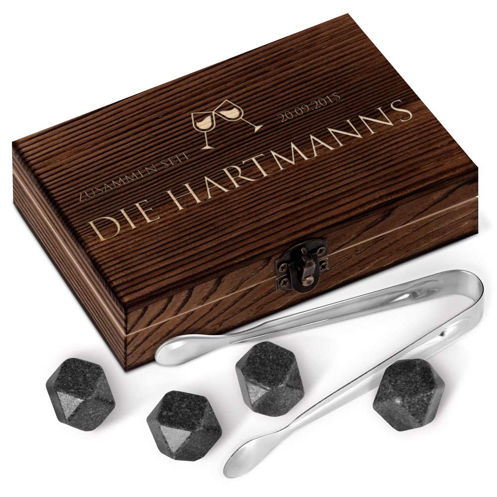 Maverton Whisky Steine Set - in Holzbox mit Gravur - 8 Eiswürfel + 2 Whisky Gläser - wiederverwendba