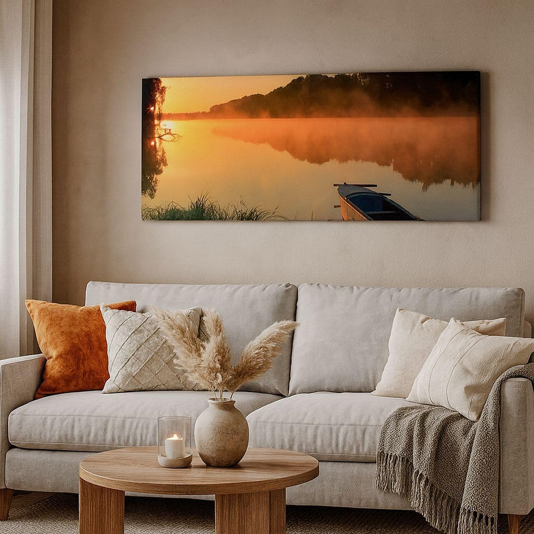 Wandbilder Dekoration Wohnzimmer Morgen Nebel See Landschaft Panorama Bilder auf Leinwand 120x50cm L
