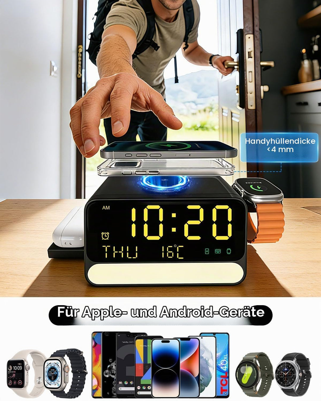 7-in-1 kabellose Ladestation mit Wecker, sprachgesteuertem Nachtlicht, Temperatur &amp; Datum, inklusive
