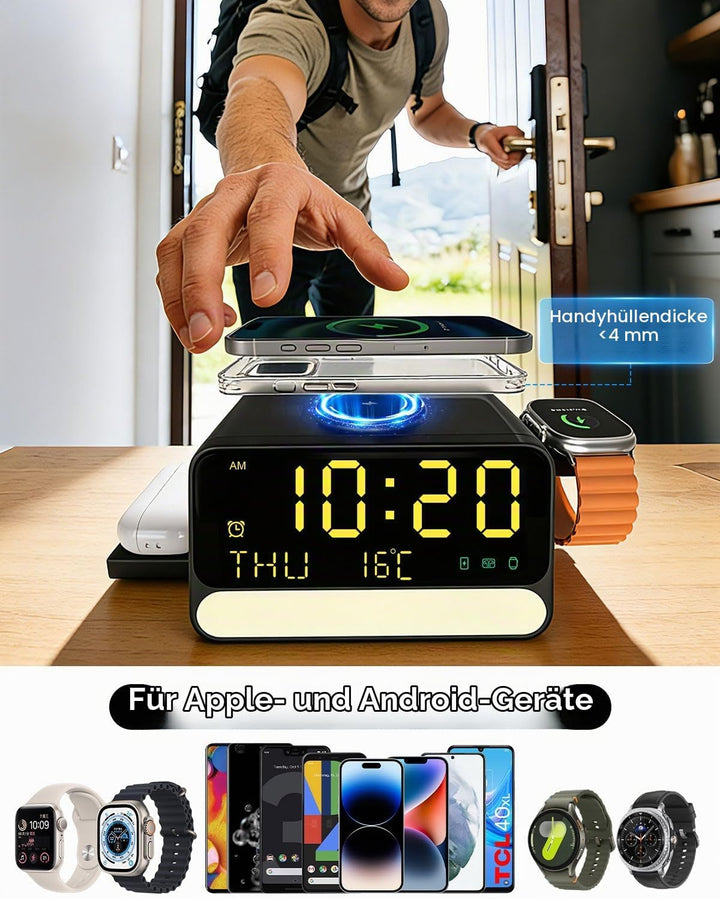 7-in-1 kabellose Ladestation mit Wecker, sprachgesteuertem Nachtlicht, Temperatur &amp; Datum, inklusive