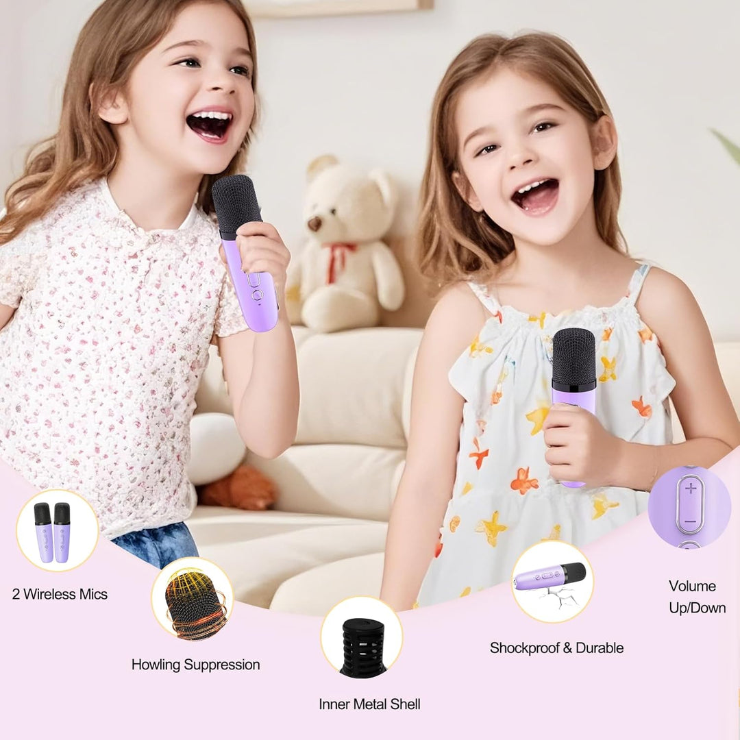 Karaoke Maschine Kinder, tragbarer Bluetooth-Lautsprecher mit LED und 2 drahtlosen Mikrofonen, kompa