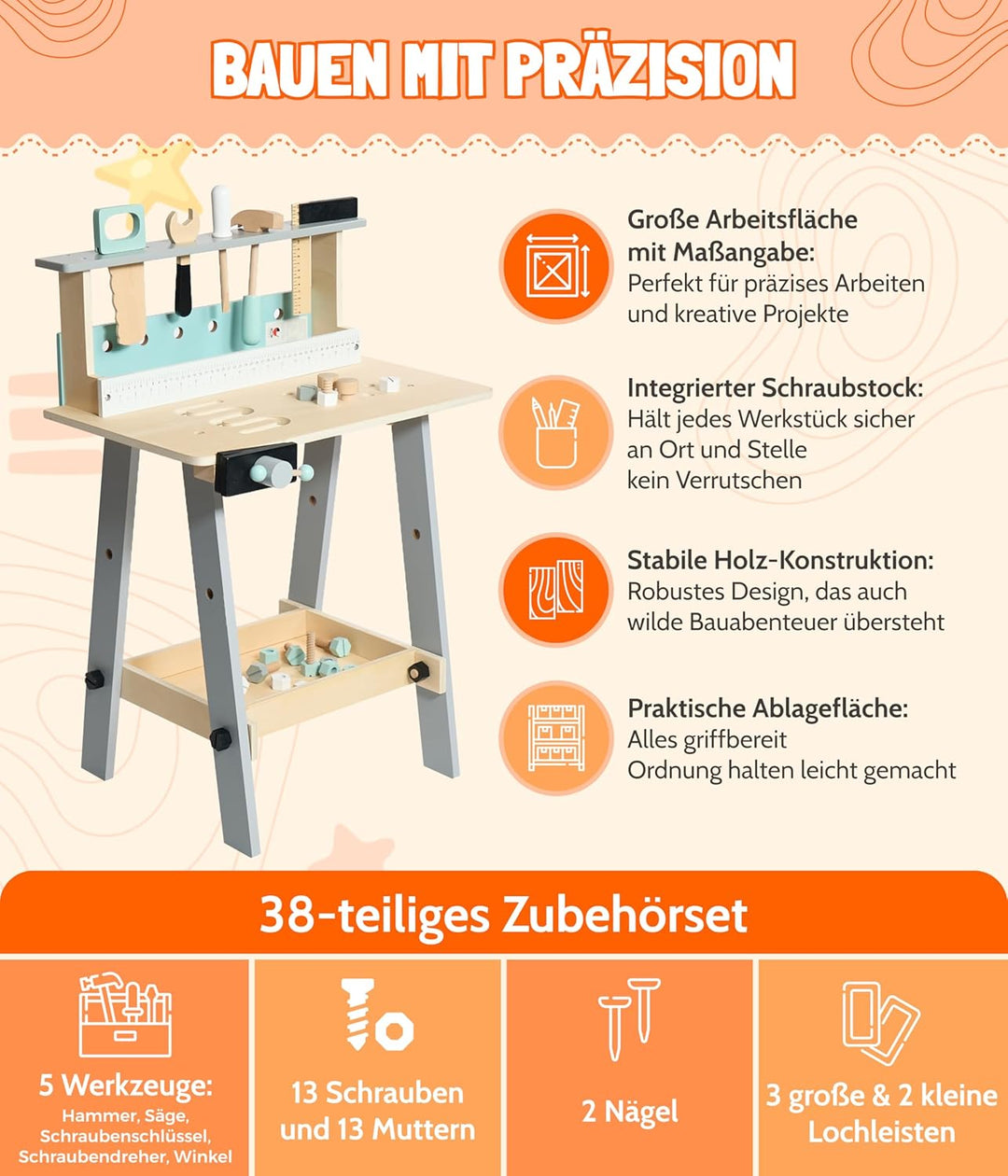 Bayer Chic 2000 278 30 Kinder-Werkbank aus Holz mit Werkzeug und Zubehör, Werkzeugbank, bunt