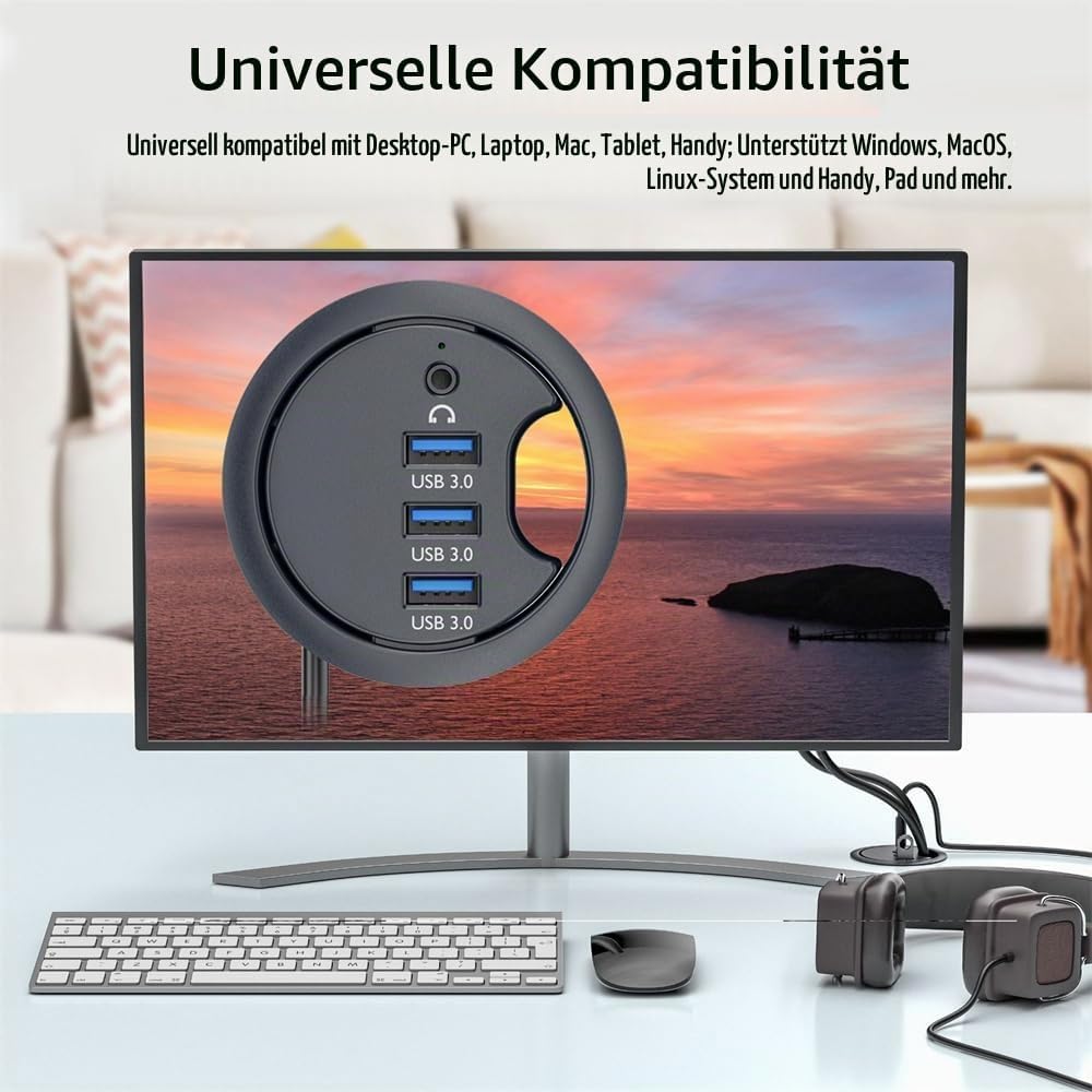 xiwai USB 3.0 Hub Splitter, Soundkarte 3 Port USB Multiport Expander 60 mm Schreibtischtülle Docksta