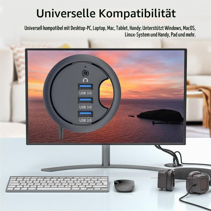 xiwai USB 3.0 Hub Splitter, Soundkarte 3 Port USB Multiport Expander 60 mm Schreibtischtülle Docksta