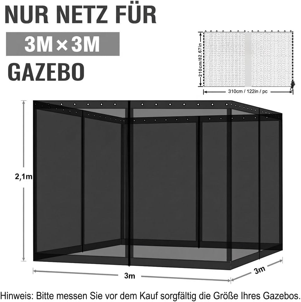 COWVIE Pavillon-Ersatznetz, 3 m x 3 m, Universal-Pavillon, 4 Paneele, Moskitonetz, Seitenwände mit D