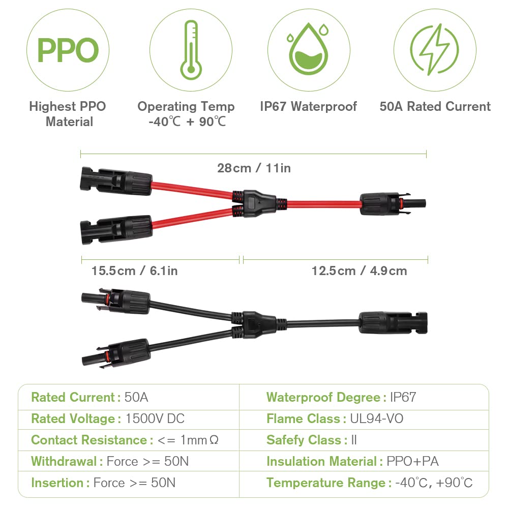 URAQT Solarkabel Y Verteiler, 1 Paar 4 mm² Solarkabel Y Solar Cable Wasserdicht Y Splitter 12AWG Plu