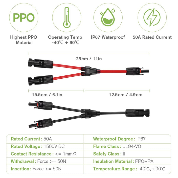 URAQT Solarkabel Y Verteiler, 1 Paar 4 mm² Solarkabel Y Solar Cable Wasserdicht Y Splitter 12AWG Plu