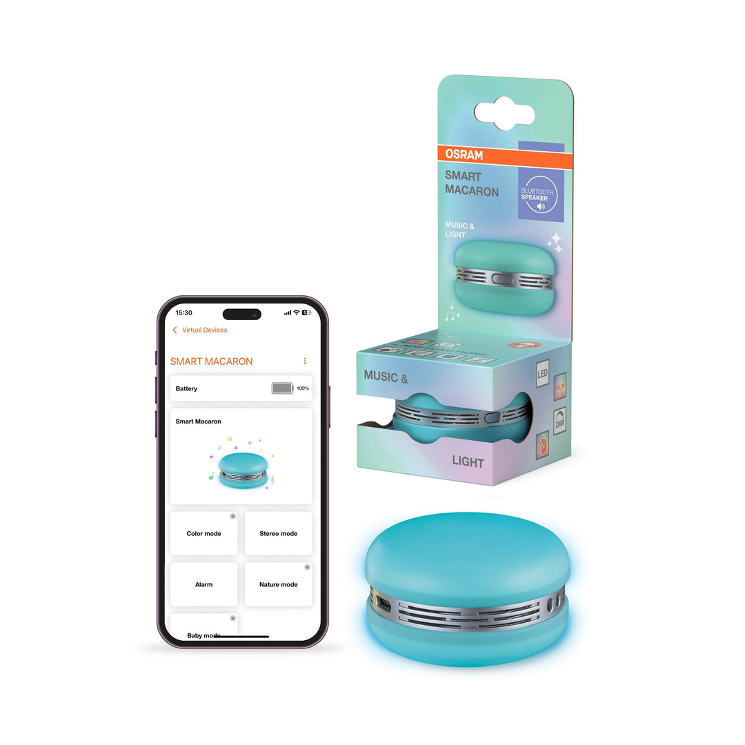 Osram Smart Macaron, Bluetooth-Lautsprecher mit Dreh-Farblicht, Musik-Sync &amp; App-Timer – 3 Modi, Ste