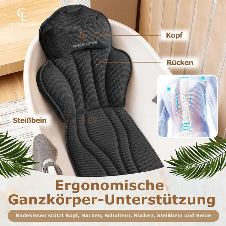 Badewannenkissen Ganzkörper Badekissen (152x56cm) - Badewannenmatte mit Kopfstütze (11cm) unterstütz