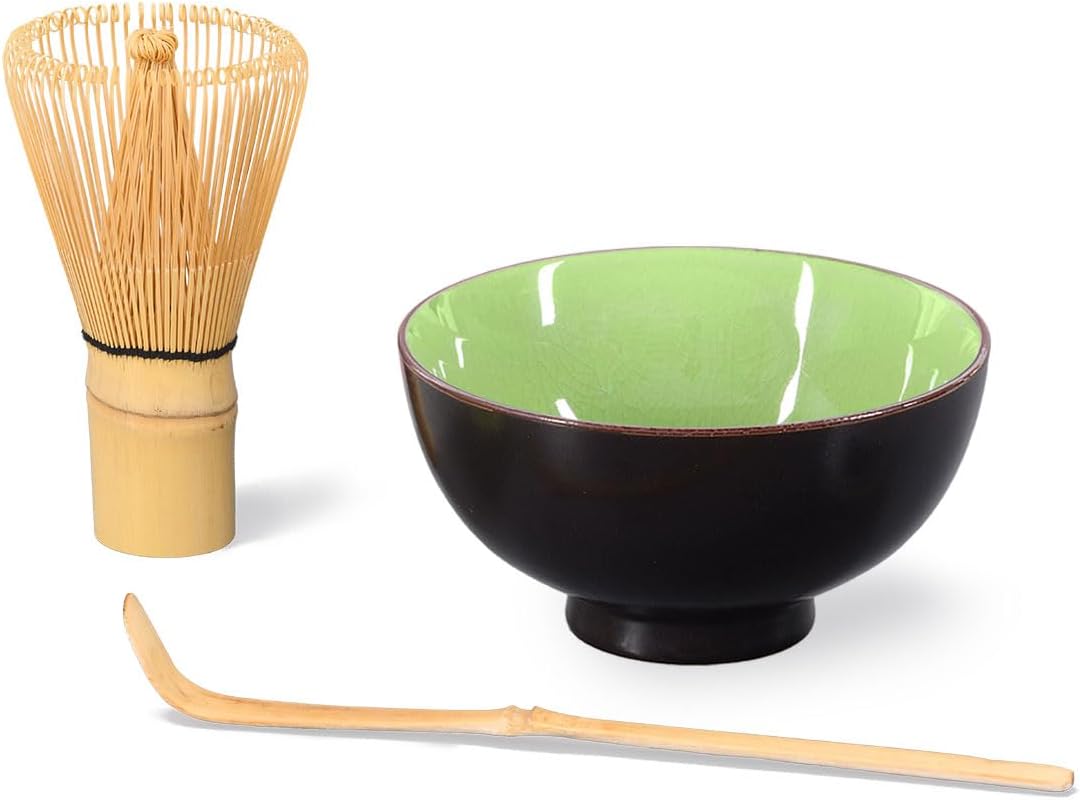 Matcha-Set 3-teilig sommergrün, bestehend aus Matcha-Schale, Matcha-Löffel und Matcha-Besen (Bambus)