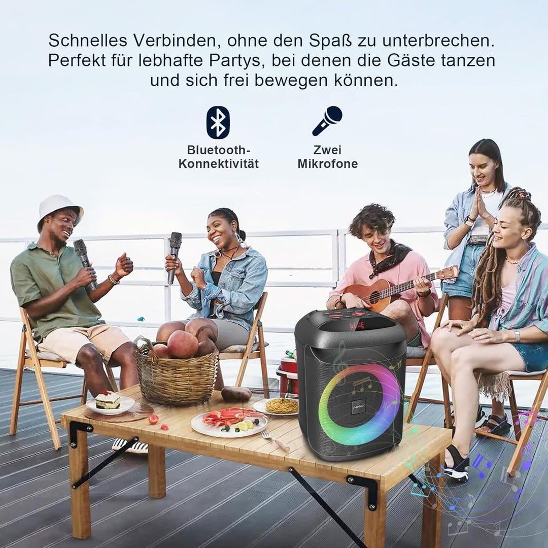 AIMAX Karaoke Maschine mit 2 Kabellosen Mikrofonen, Tragbare Bluetooth Lautsprecher für Erwachsene u