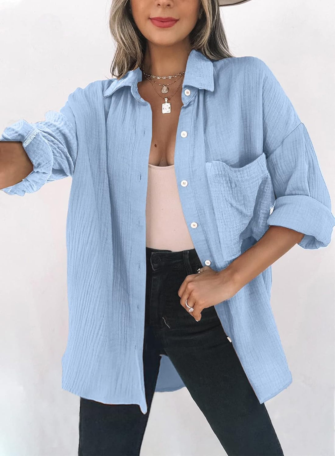 Dokotoo Bluse Damen Musselin Langarmshirt Baumwolle Lässig Oberteile Hemd Langarm Einfarbig Tops Far