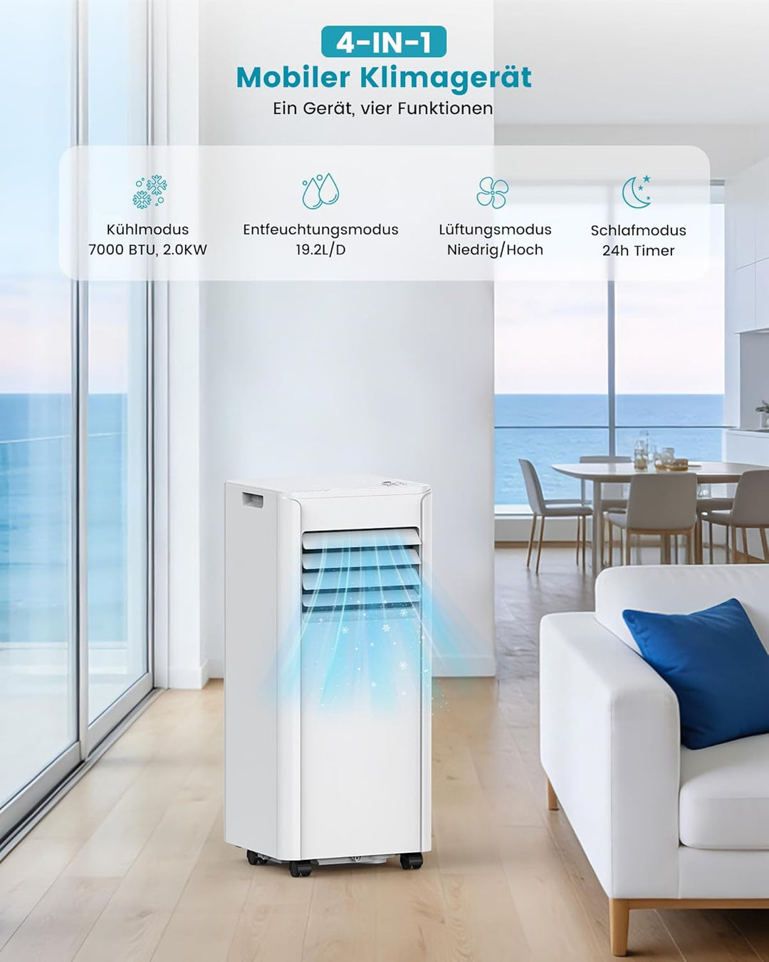 Electactic Mobile Klimaanlage 7000 BTU, 3-in-1 Mobiles Klimagerät mit Abluftschlauch & Ventilator &