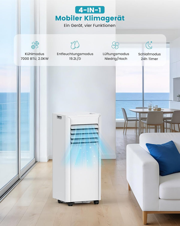 Electactic Mobile Klimaanlage 7000 BTU, 3-in-1 Mobiles Klimagerät mit Abluftschlauch & Ventilator &