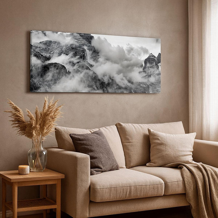 Panorama Bilder auf Leinwand 100x40cm Leinwandbild Berge Nebel Gipfel Gross Wanddeko Bild Schlafzimm